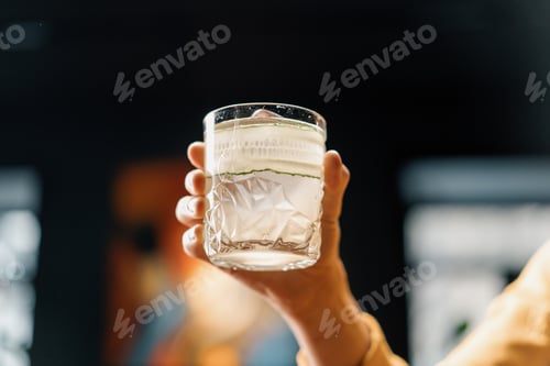 Preview: Customer holding delicious freshly made gin garden cocktail with cucumber in hand bar bar