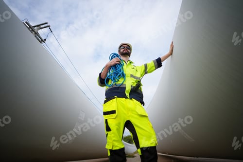 Preview: Windturbine inspector wearing Personal protective equipment working at wind turbines farm .