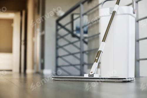 Preview: Cleaning supplies: mop and bucket with wringer on wooden laminate floor