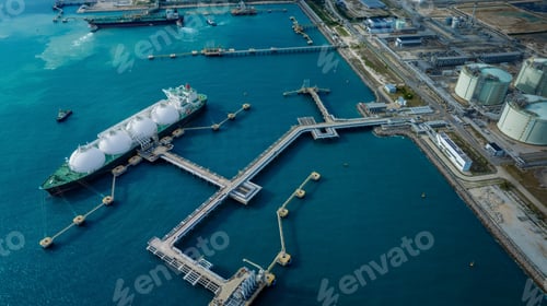 Preview: LNG (Liquified Natural Gas) tanker anchored in Gas terminal gas tanks for storage. Oil Crude Gas