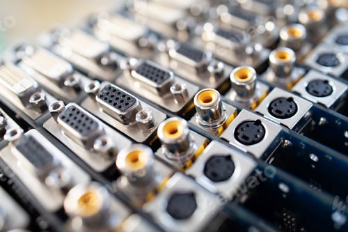 Preview: Close-up blurry metal sockets on a computer video board