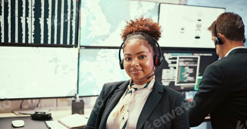 Preview: Woman, meteorology and research by monitor for climate change, headset and map for atmosphere. Pers