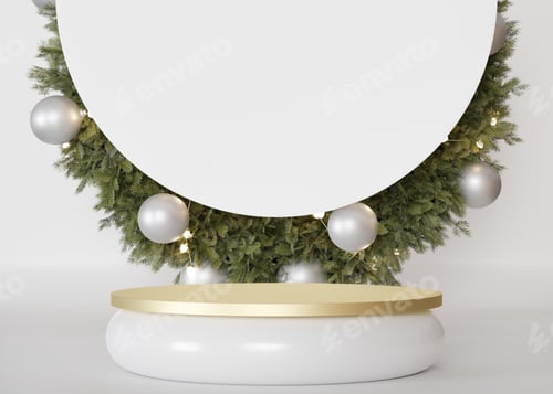 Preview: Golden podium with Christmas decoration on the background. Xmas mood.