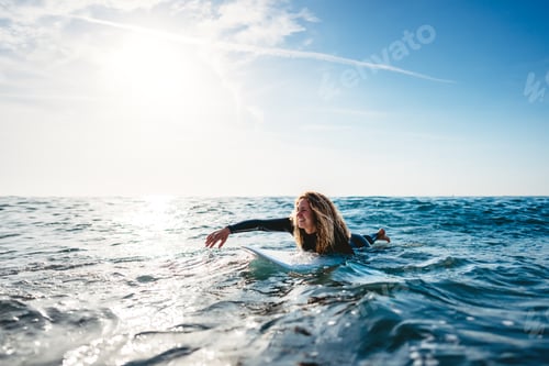 Preview: Summer adventure water sports concept. Happy carefree woman surfing, living healthy active lifestyle