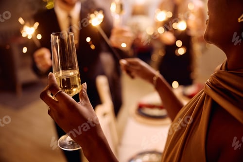 Preview: Close up of black woman having fun on Christmas party.