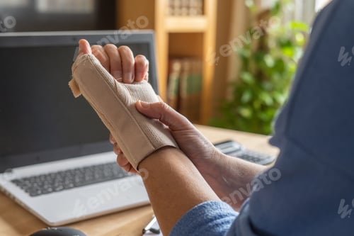 Preview: Woman wearing wrist brace for carpal tunnel syndrome at home office