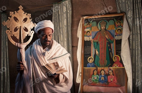 Preview: Portrait of priest in church of Uri Kewanee Mehrieh, Zee Peninsula, Lake Tana, Ethiopia, Africa