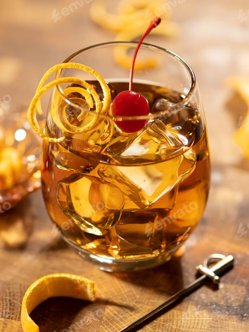 Preview: Old Fashioned served on the rocks with orange