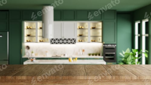 Preview: Wooden table top on blur kitchen room background,Modern Contemporary green kitchen room interior