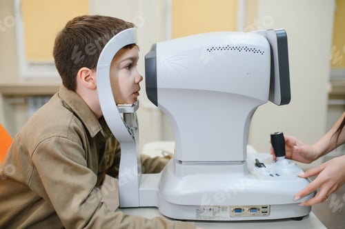 Preview: Boy undergoing eyesight examination with modern equipment in ophthalmology clinic