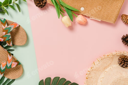 Preview: Creative flat lay of travel vacation spring or summer tropical fashion.