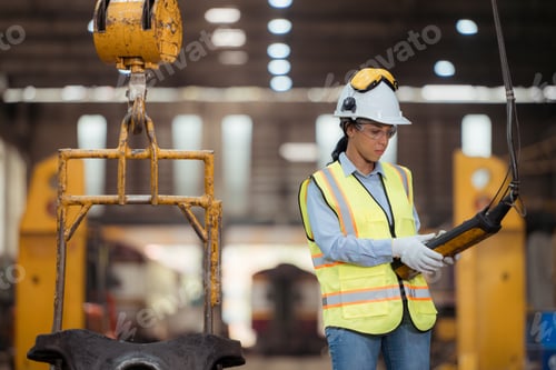 Preview: Portrait of railway technician worker in safety vest and helmet working at train repair station