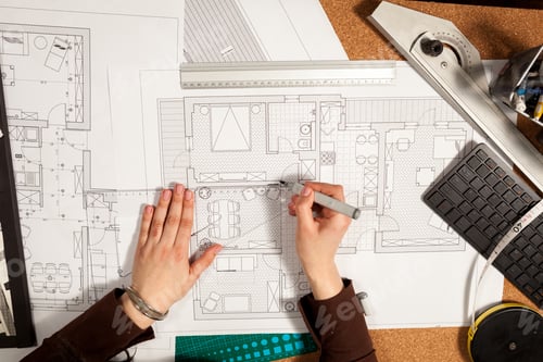 Preview: Close up of hands working on blueprints on table