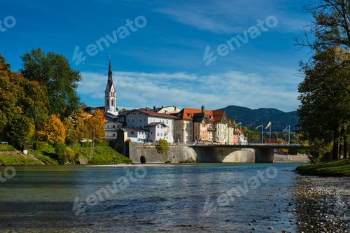 Preview: Bad Tolz - picturesque resort town in Bavaria, Germany in autumn and Isar river