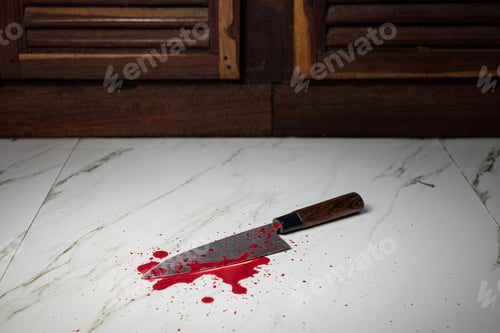 Preview: A bloodstained kitchen knife on the Tile floor in the kitchen