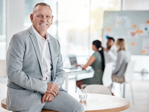 Preview: Portrait, happy business man or ceo in office on table for motivation, inspiration and vision with