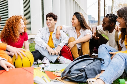 Preview: High school student friends hanging out at campus grass.