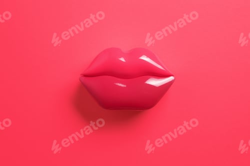 Preview: Artificial red lips shape on red background. Flat lay. Beauty, care, perfection concept. Minimalism