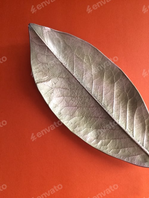 Preview: A textured golden leaf on an orange surface.