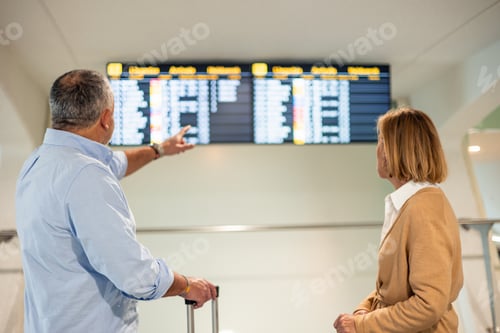Preview: Senior couple checking flight information on airport timetable display
