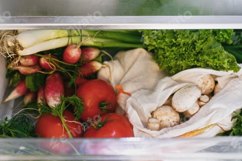Preview: Zero waste grocery in fridge. Fresh vegetables in opened drawer in refrigerator