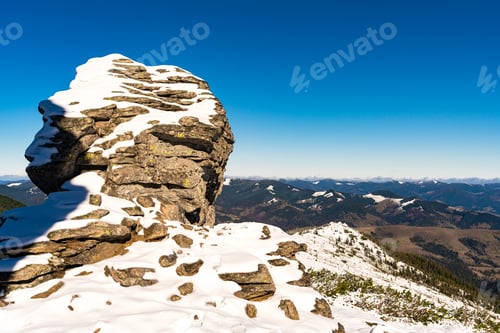 Preview: Landscapes of the Carpathian Mountains, covered with large stone ledges in Ukraine, near the village