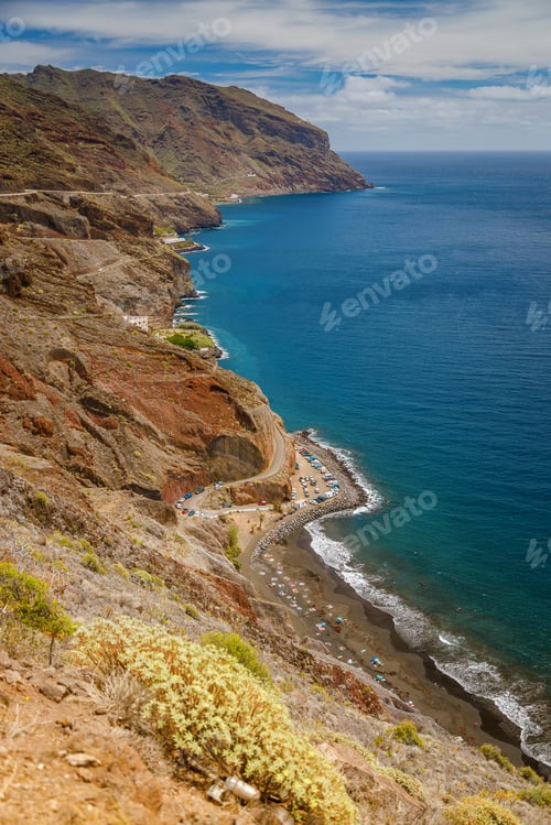 Preview: Rugged Playa de las Gaviotas in Tenerife with dark sand, steep cliffs