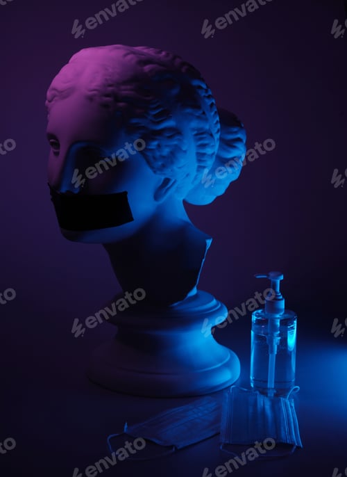Preview: Dark portrait of a bust with medical antiseptic and masks