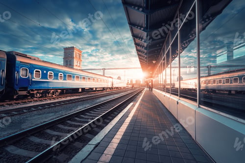 Preview: Beautiful blue passenger train at the railway station