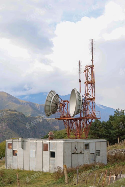 Preview: Telecommunications satellite dish radio telescope in mountains. Earth based astronomical locator