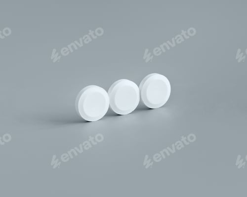 Preview: White round pills in a line on grey close up. Pharmaceutical product and dietary supplements