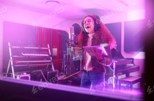 Preview: Technology, singing or musician on neon studio microphone, music lyrics or songwriting app in night