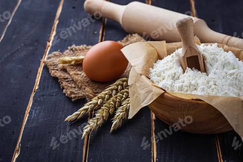 Preview: Baking ingredients egg, flour, rolling pin