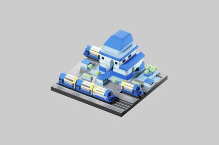 Preview: Isometric blue trains station scene