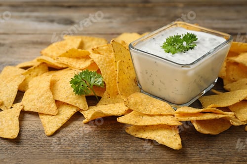 Preview: Mexican nacho chips with sauce on wooden table, closeup