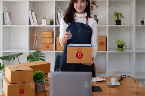 Preview: Starting small businesses SME owners female entrepreneurs Use a laptop or notebook to receive and