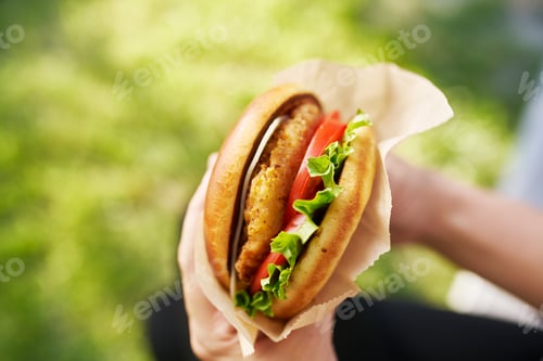 Preview: woman holding crispy chicken sandwich from first person view