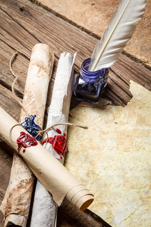 Preview: Ancient scrolls writing by feather with blue ink