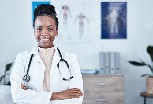 Preview: Portrait, happy and black woman doctor proud in hospital, excited and cheerful for healthcare innov