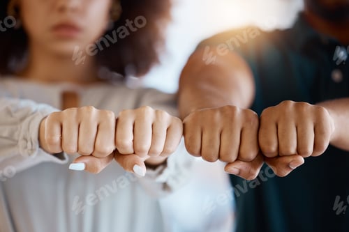 Preview: Hands, black people and fist for teamwork, support or solidarity for common goals, mission or targe