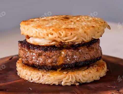 Preview: Ramen Burger with beef and noodles minimal close up. Hamburger freshly baked on wooden background, h