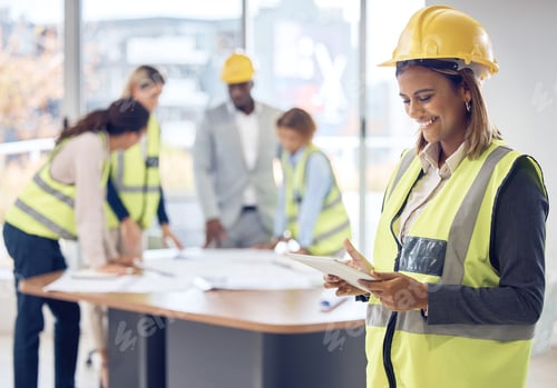 Preview: Engineering, tablet and woman planning project management, industry software and blueprint design i