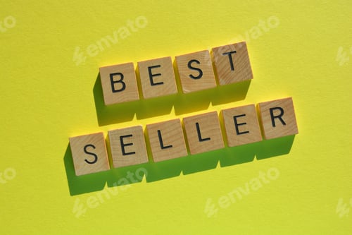 Preview: Best Seller, words in wood alphabet letters isolated on bright yellow background
