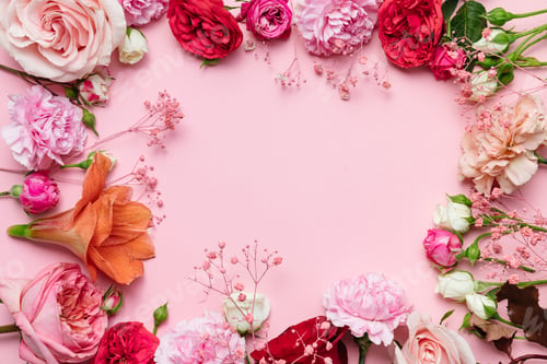 Preview: Frame of Flowers on pink background. Valentines day