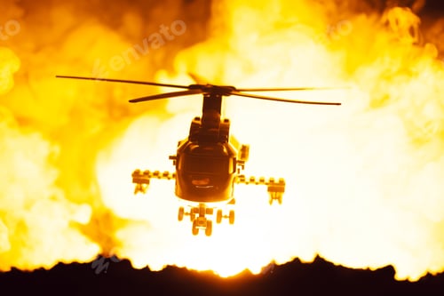 Preview: Battle scene with toy helicopter and fire at background