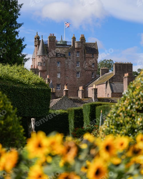 Preview: Glamis Castle with vibrant gardens and blue sky.
