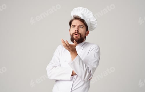 Preview: chefs in professional clothes gesturing with hands on a light background cropped view Copy Space