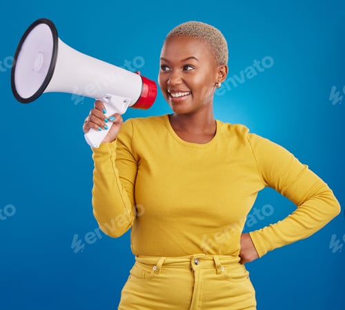 Preview: Black woman, megaphone and smile, protest and voice, freedom of speech and activism on blue backgro