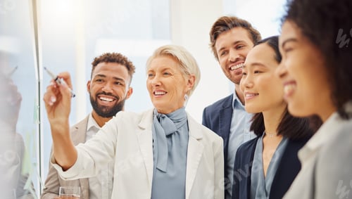 Preview: Mature caucasian businesswoman mentoring her diverse team while planning a project and analysing no