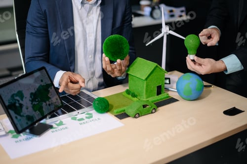 Preview: business team people planning and discussing on recycle reduce reuse policy symbol in office